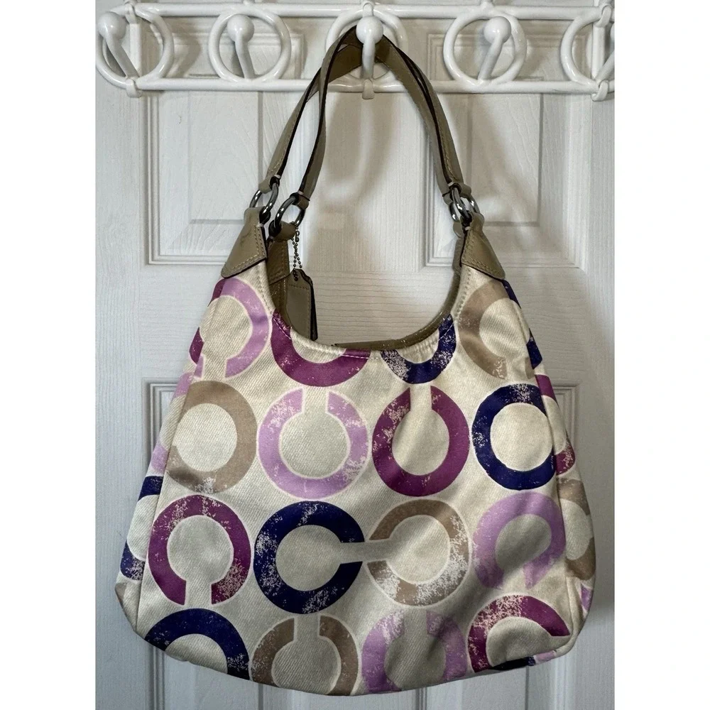 Coach Rare Hobo Bag Madison Signature Distressed Op Art Maggie Pink Purp #22289